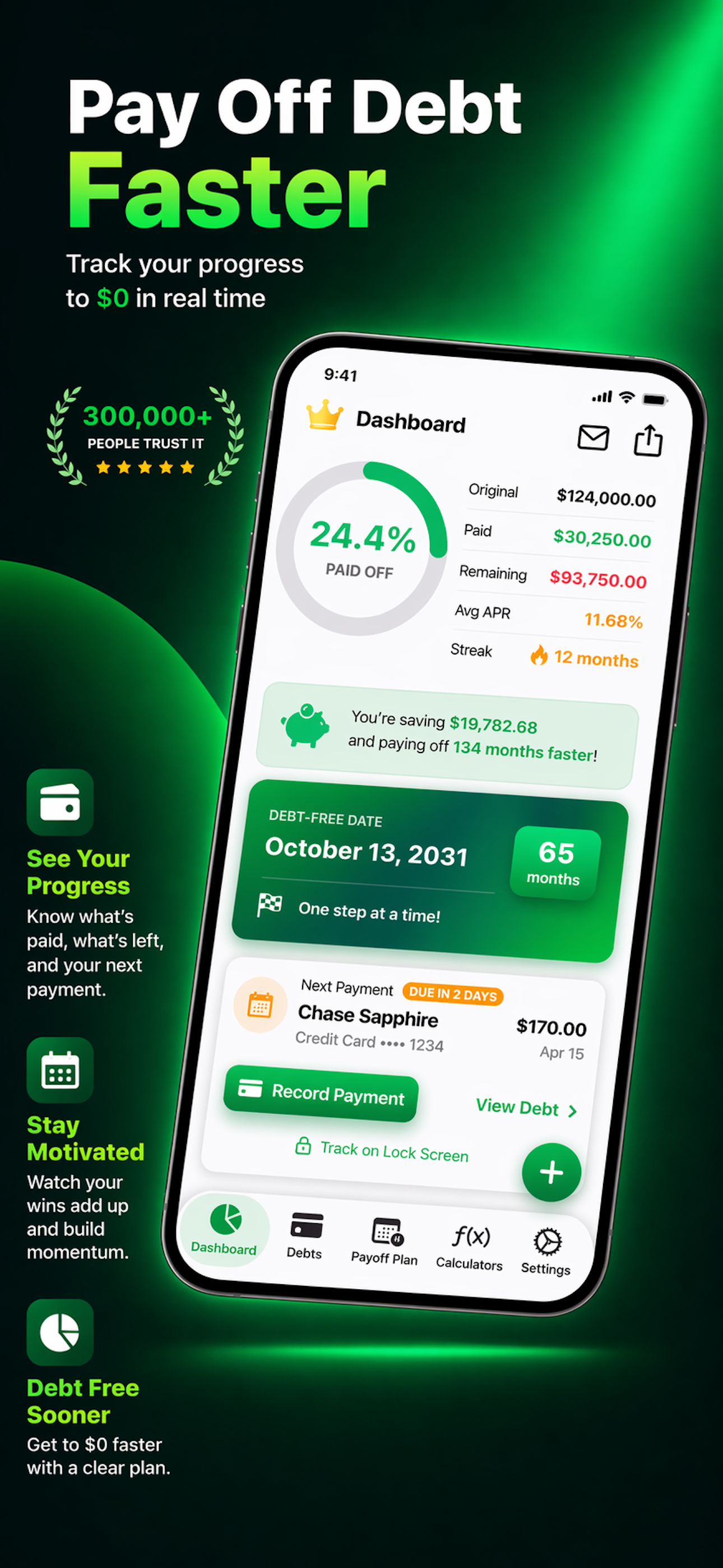 Debt Free app dashboard showing debt payoff progress and debt-free date