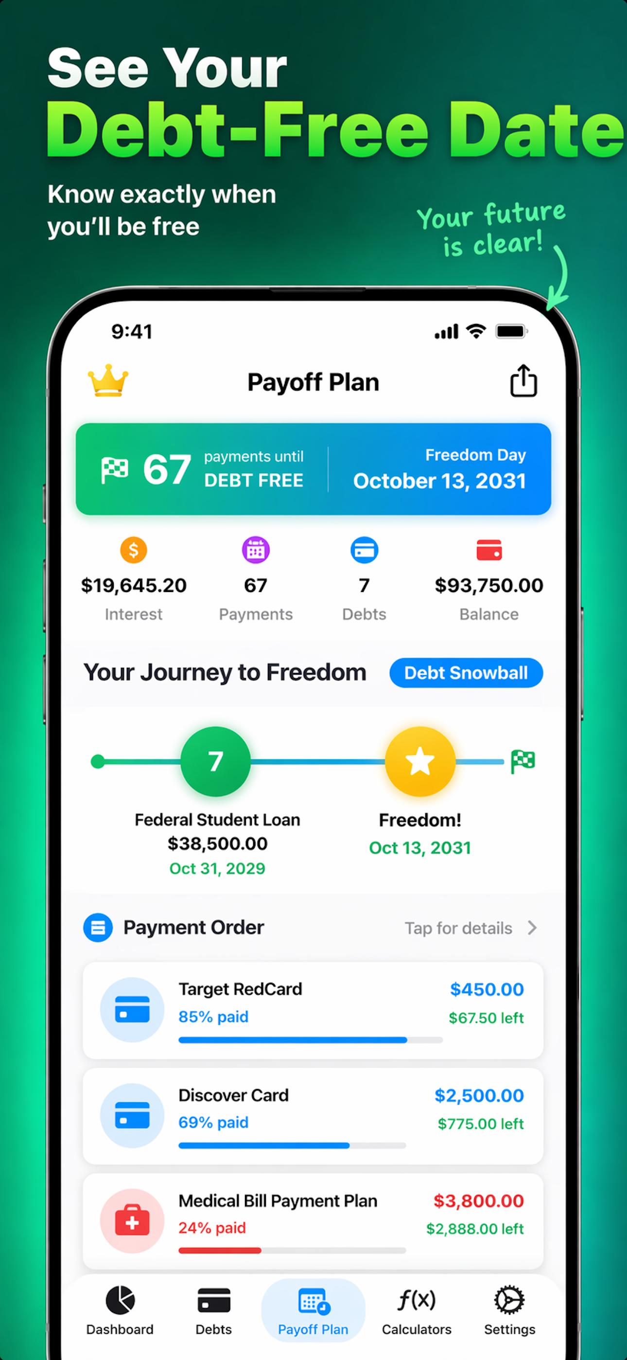 Debt payoff plan and debt-free date